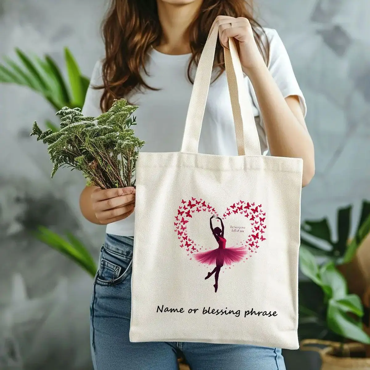 Creative Heart Shaped Butterfly Pattern Design Printed Personalized Custom Name Ballerina Shoulder Bag Suitable for Shopping Bag