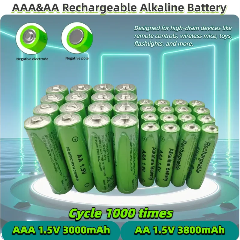 

1.5V Rechargeable Alkaline Batteries AA 3800mAh & AAA 3000mAh High Capacity Long Lasting for Household Devices Toys Remotes