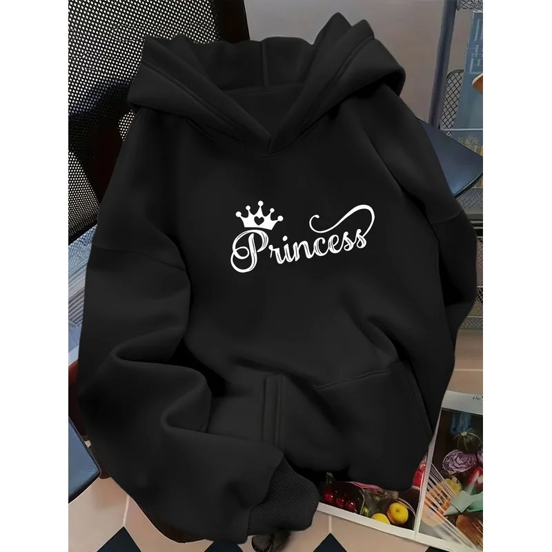 Sudadera con capucha de gran tamaño para mujer, con un diseño gráfico de letras y una corona de princesa, ideal para uso diario y con bolsillo.