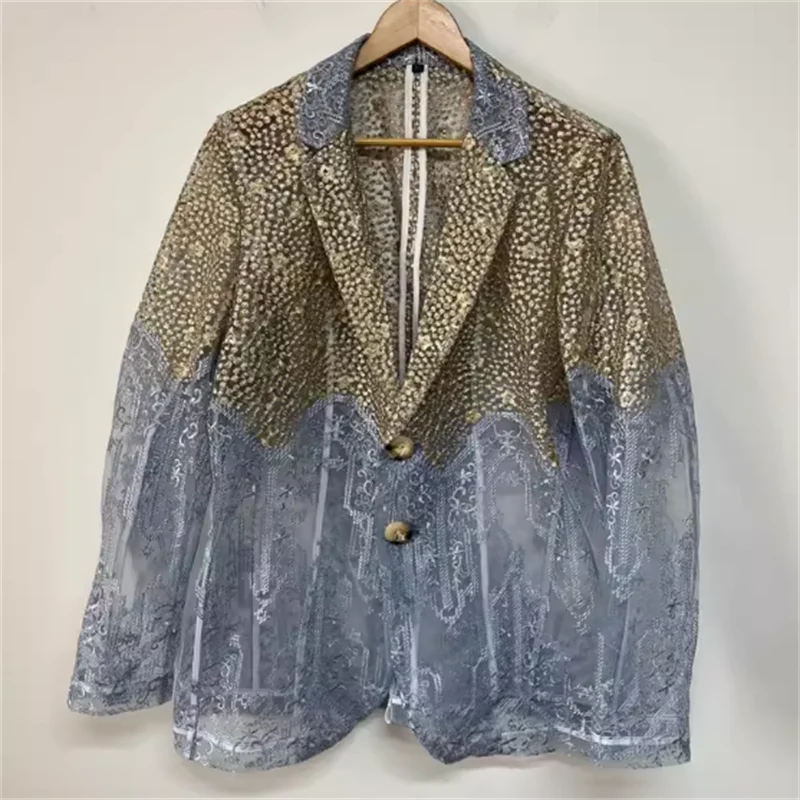 

【Custom clothing】】Original design gold blue transition court gorgeous perspective organza embroidered coat suit