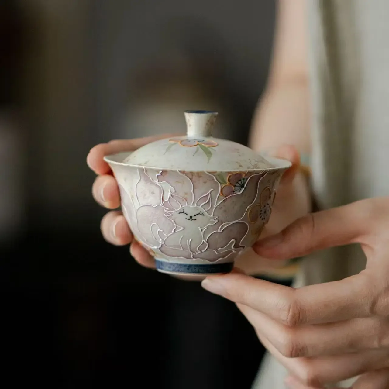 120ML Flint Red Hand-painted Nine-tailed Fox Ceramic Cover Bowl Kung Fu Tea Set Household Antique Tea Bowl Hand Grab Cover Bowl