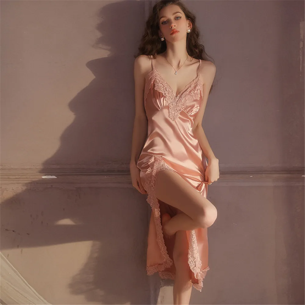 

Женская длинная ночная рубашка с разрезом, сексуальная ночная рубашка с открытой спиной и подтяжками, летняя ночная рубашка, повседневное домашнее платье