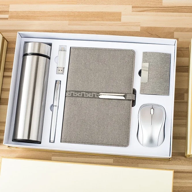 A5 Notebook+Sign Pen+Vacuum Flask+USB Flash Drive+Name Card Holder +Mouse Office Stationery Gift Set