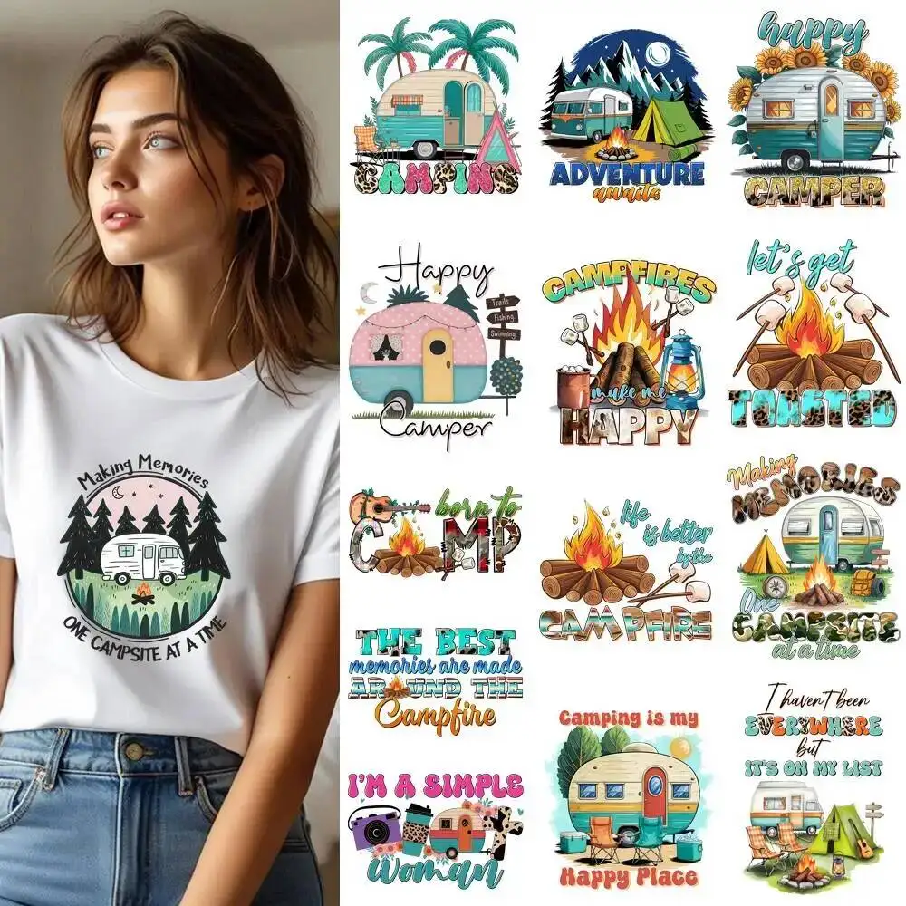 25CM Go Camping Camper Van Bonfire Love Transfer Patches For Clothes DIY A-Level Washable Shirt Iron-on Thermal Stickers