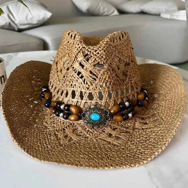 New Vintage Summer Beach Bohemian Straw Hat Shell Women Men Western Cowboy Hats Wooden Beads Hollow Out Sun Hat Holiday Cap
