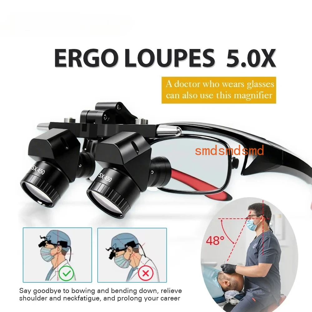 Dental 5X High-Performance Loupes LED Ergo Conversion Lens Loupes Corner Structure Parallel Field of Vision Plastic Adjustment