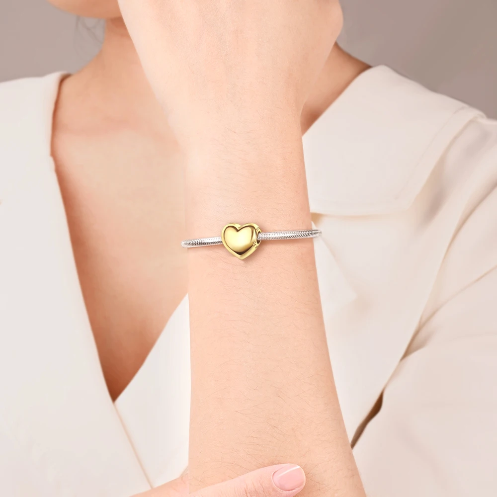 

925 Sterling Silver Golden Heart Shape Beads & Four-Leaf Clover Dangle Charm Fits Bracelet Boutique Necklace Exquisite Gifts
