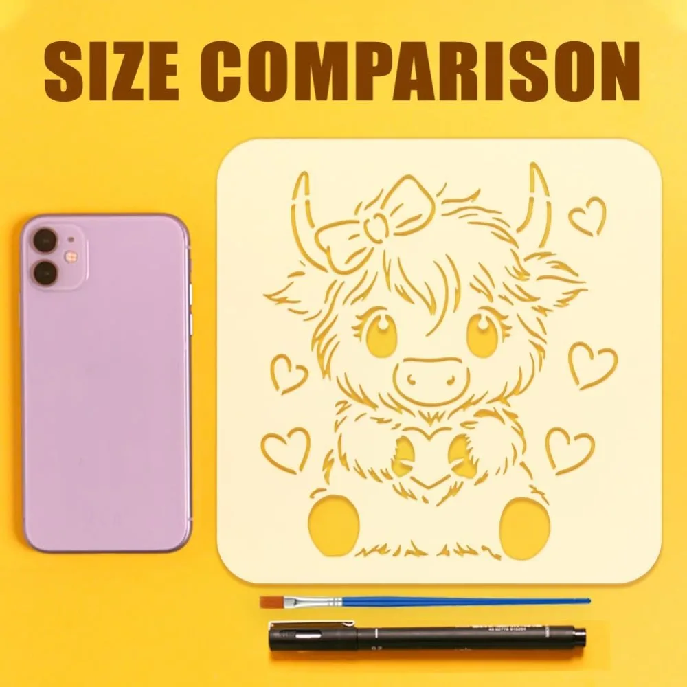 12PCS Cute Calf Painting Stencils with Paint Brush 7.9x7.9inch Flower Cow Farmhouse Drawing Templates Highland Cattle Stencils - view 3