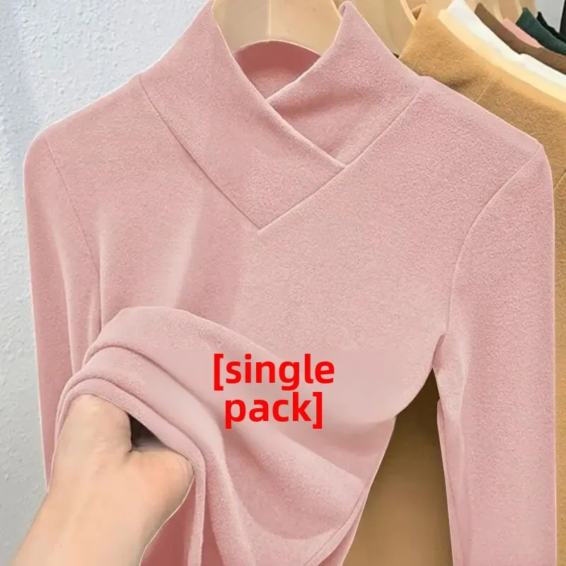 المرأة سليم تي شيرت بأكمام طويلة على الوجهين صوف مبطن دافئ نصف عالية طوق قاعدة قميص ملابس داخلية لخريف شتاء #1