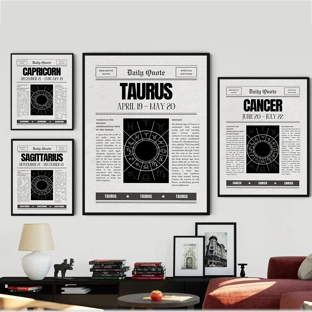 Retro Aesthetic Inspiration Astrology Zodiac Newspaper Leo Cancer Taurus Poster Canvas Paintings Wall Art Pictures Home Decor