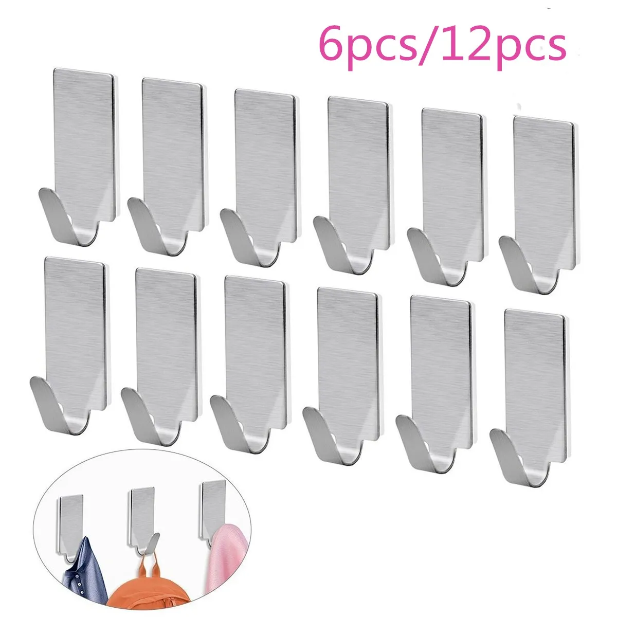 

6pcs Stainless Steel Hooks Adhesive Wall Rack 29x16mm Heavy Duty Kitchen Bathroom Towel Holder No Drill Household