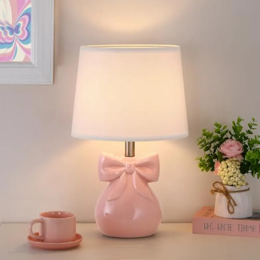 

Pink Bow Table Lamp for Girl's Room, 19" Ceramic Cute Lamp for Bedroom, Classic Bedside Lamp for Nightstand, Modern Table Lamp
