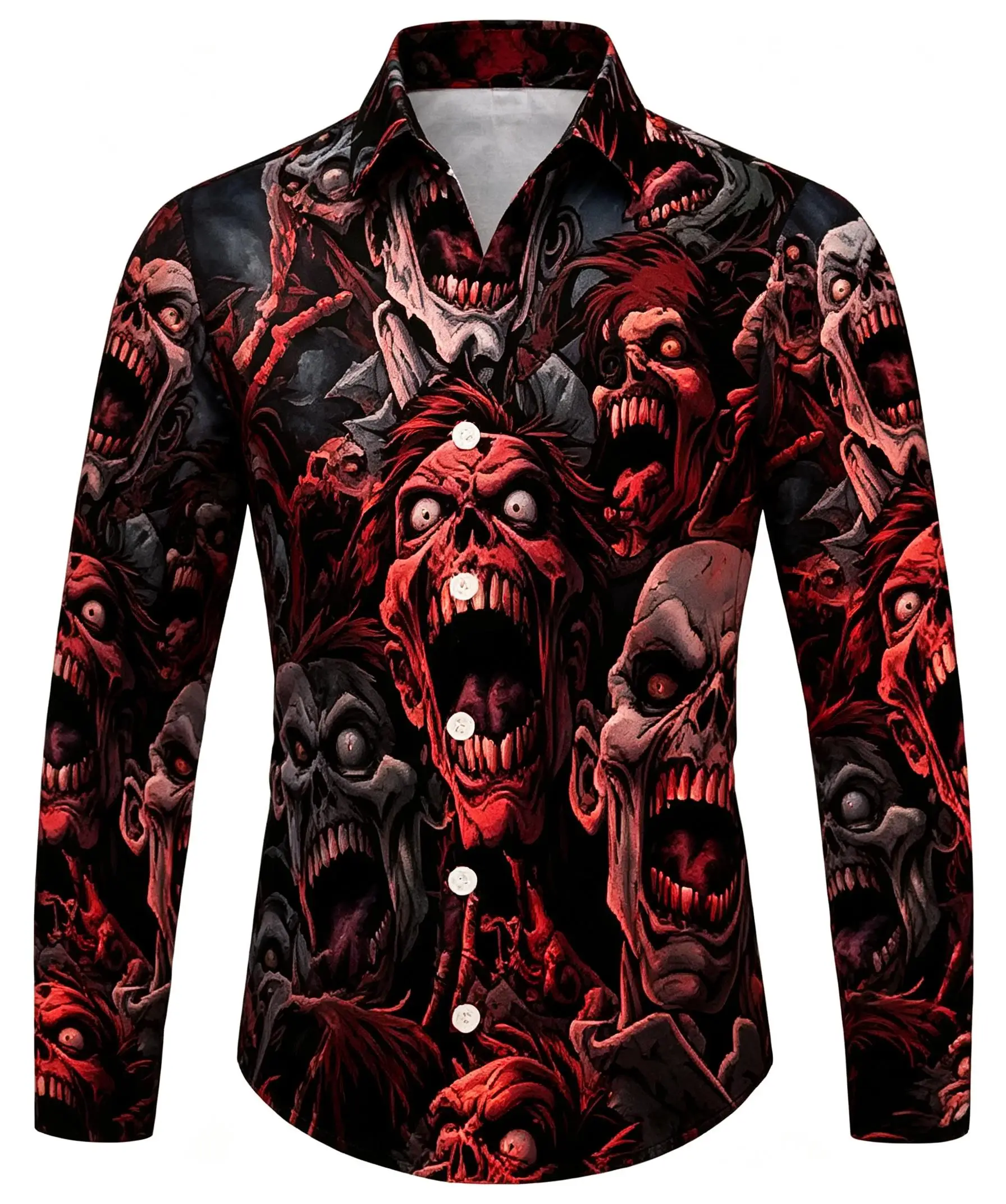 Men Long-Sleeve Button-Down Shirt Blue Purple Zombie Horde Print Polyester Lapel Collar Party Top