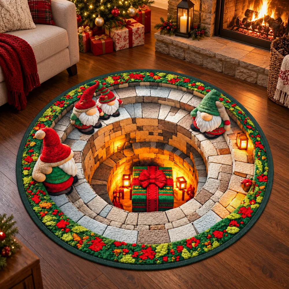 Glowing Stone Well Christmas Gnomes Area Rug, 3D Optical Illusion Floor Mat For Entryway, Living Room Holiday Home Decor