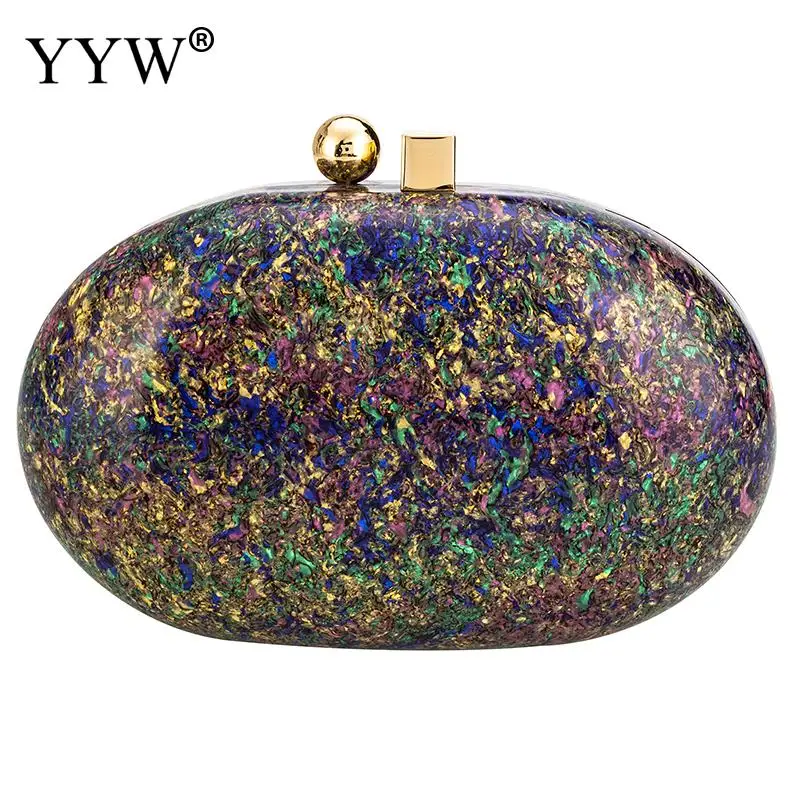 Fashion Oval Acrylic Clutch Handbag Colorful Marble Women Wedding Party Evening Hard Bag Metal Chain Crossbody Messenger Purse