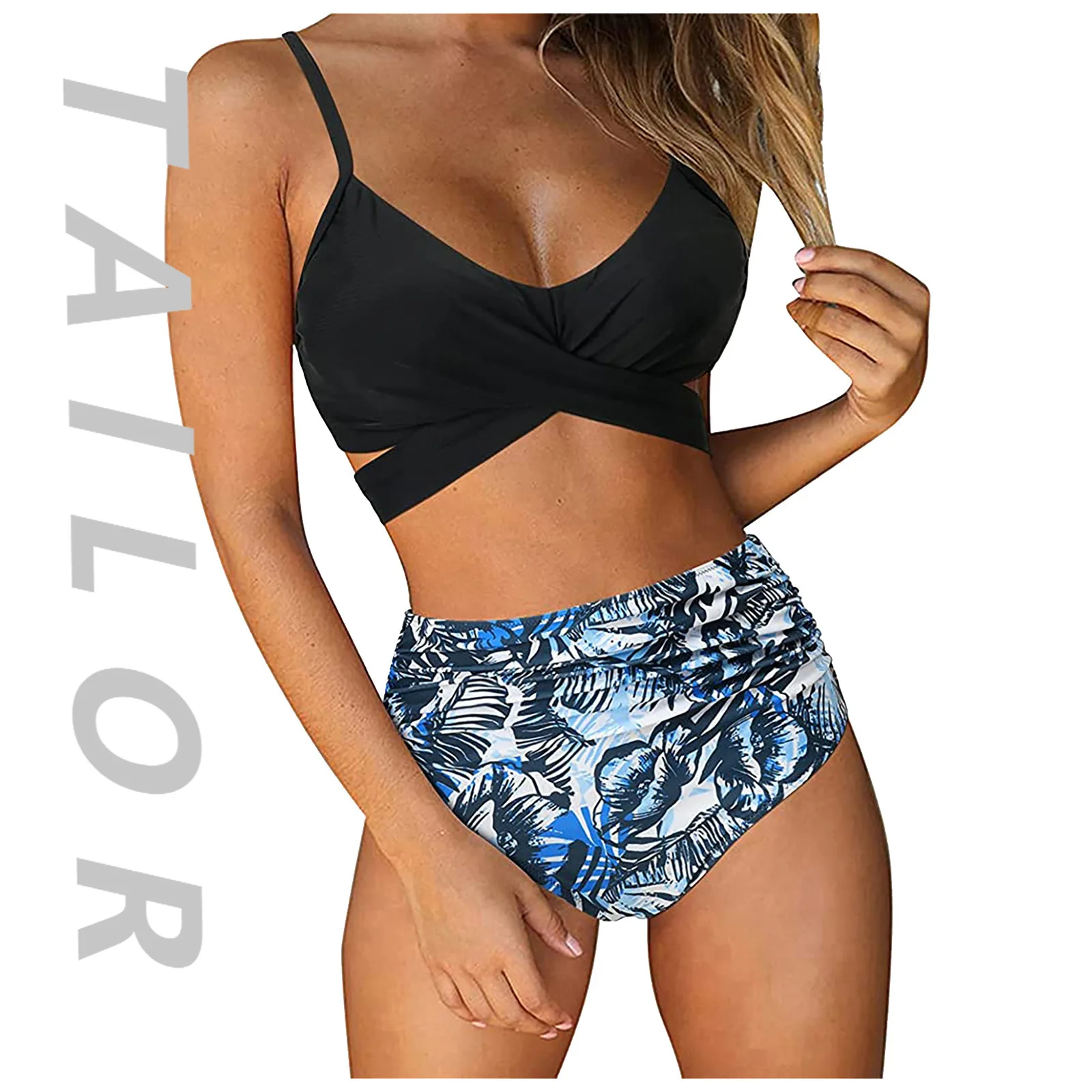 

2025 new swimsuit printed high waist cross strap women's split bikini swimsuit