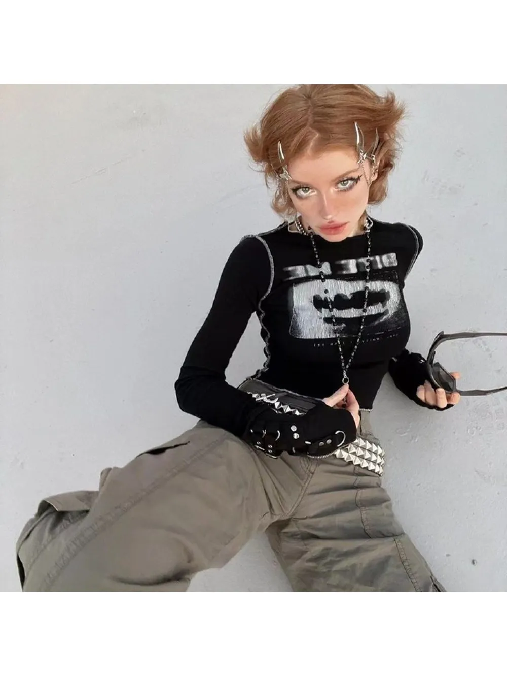 Gothic E-girl Hip Hop Long Sleeve T-shirt, European American High Street Color Block Fun Pattern Personalized Top