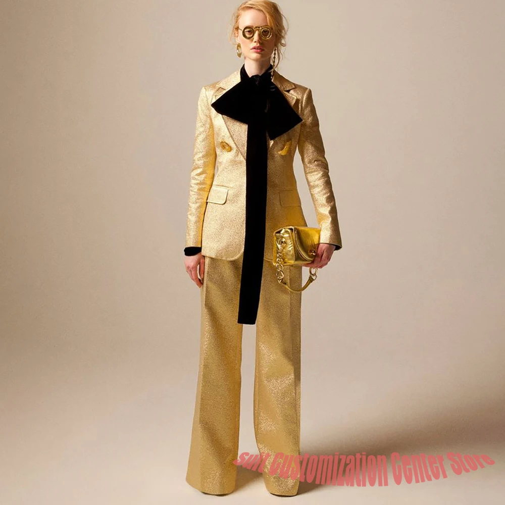 Shiny Gold Women's Suit Double Breasted Notch Lapel Blazer 2Piece Set Lady Luxury Evening Party Prom Fashion Outerwears