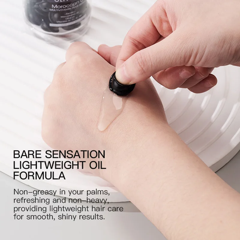 1 مل * 40 كبسولة من زيت المغربي وزيت الزيتون، جوهر العناية بالشعر متعدد الفيتامينات، يحتوي على مكونات جوهر الزيت المغربي والزيت الجاف والمجعد، ويصلح الشعر بشكل أكثر صحة ويجعلها ويغذيها للعناية اليومية بشعرك