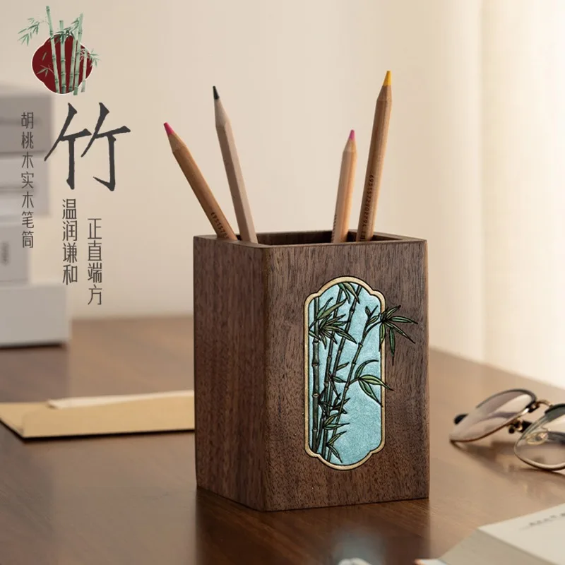 ✨-portalapices-pintado-a-mano-four-gentlemen-organizador-de-escritorio-de-madera-de-nogal-material-escolar-y-regalo-Unico-para-apreciar-a-los-maestros