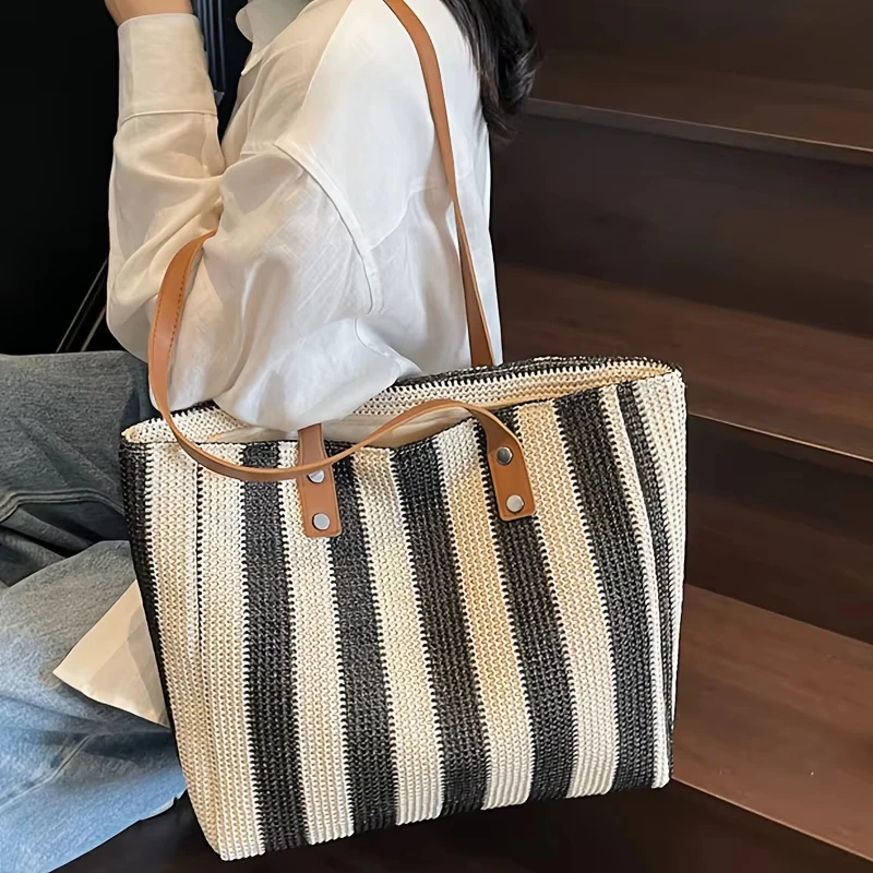 Women's Fashion Classic Striped Pattern Retro Shoulder Bag Large Capacity Versatile Straw Woven Multi-compartmen Beach Handbag