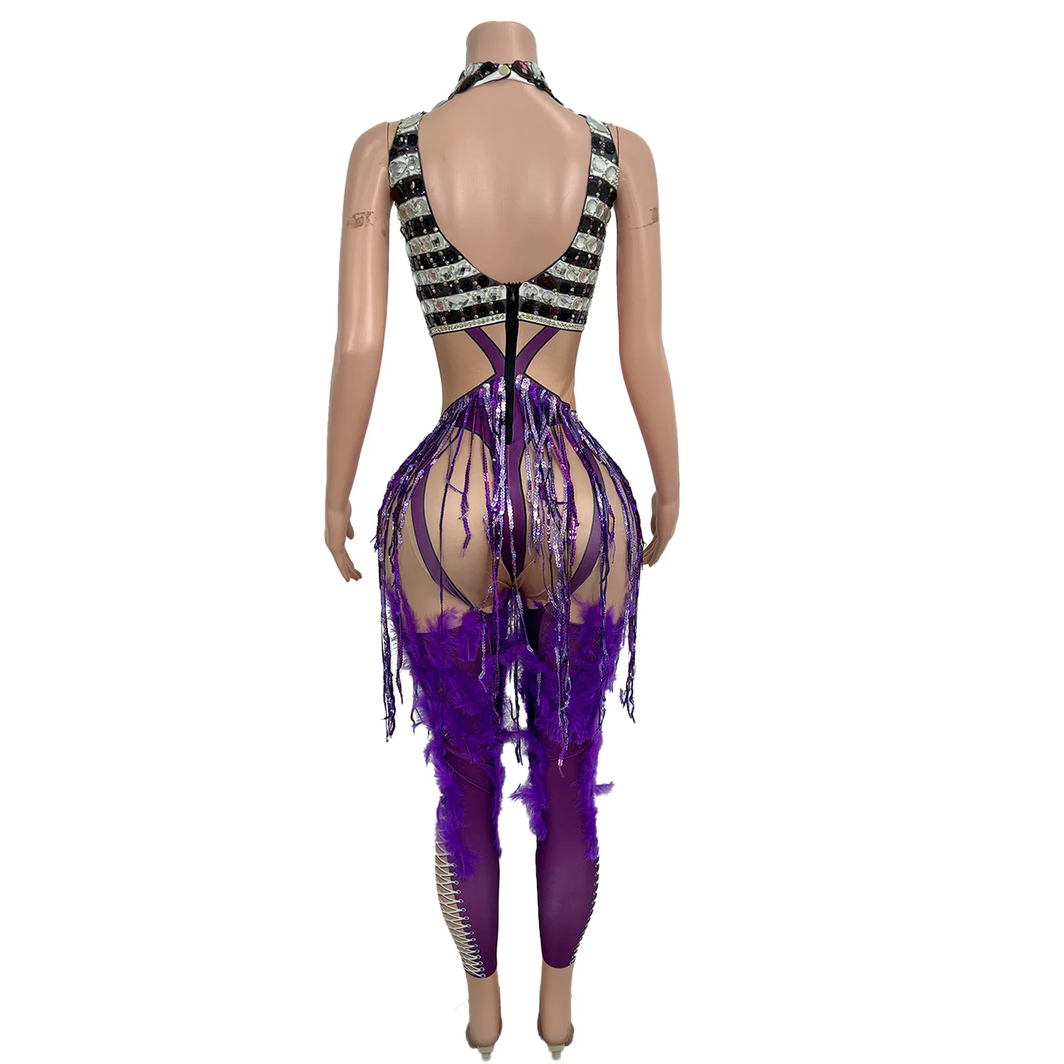 Purple Tassel Spandex Tight Fitting Jumpsuit Night Party Stage Performance Wear Masquerade   Carnival gig Dancer Outfit Zizuanwa