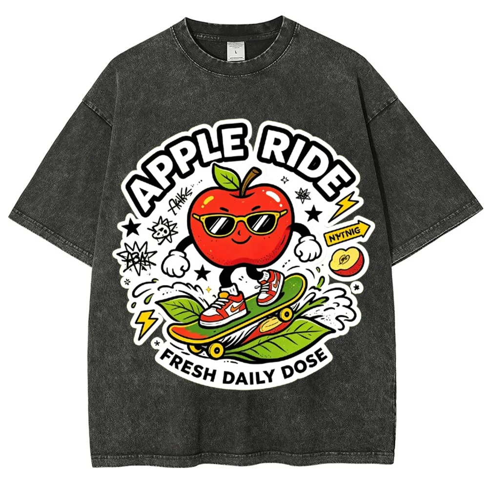 Men's Vintage Washed Black T-Shirt Apple Skateboard Graphic Print Crew Neck Short Sleeve Casual Streetwear Top ﻿