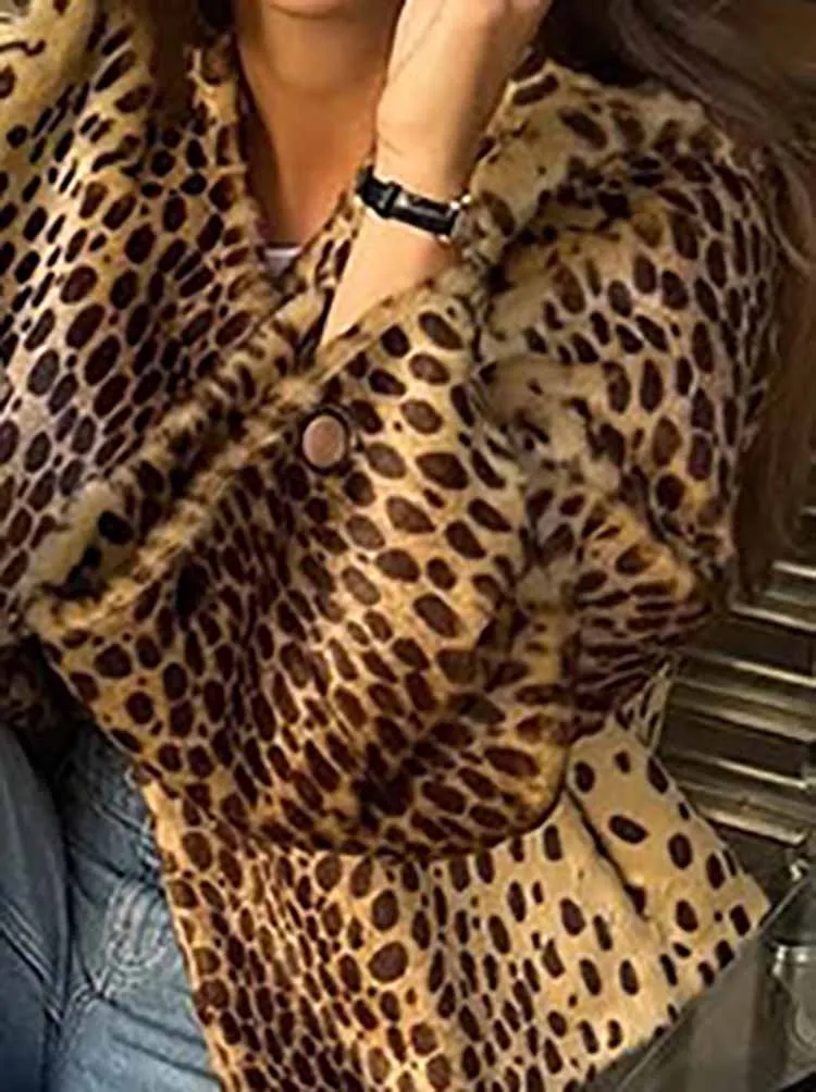 Płaszcz damski w panterkę, długi rękaw, okrągły dekolt, do pracy, casualowy, jednorzędowy, futrzany, ciepły płaszcz wierzchni.