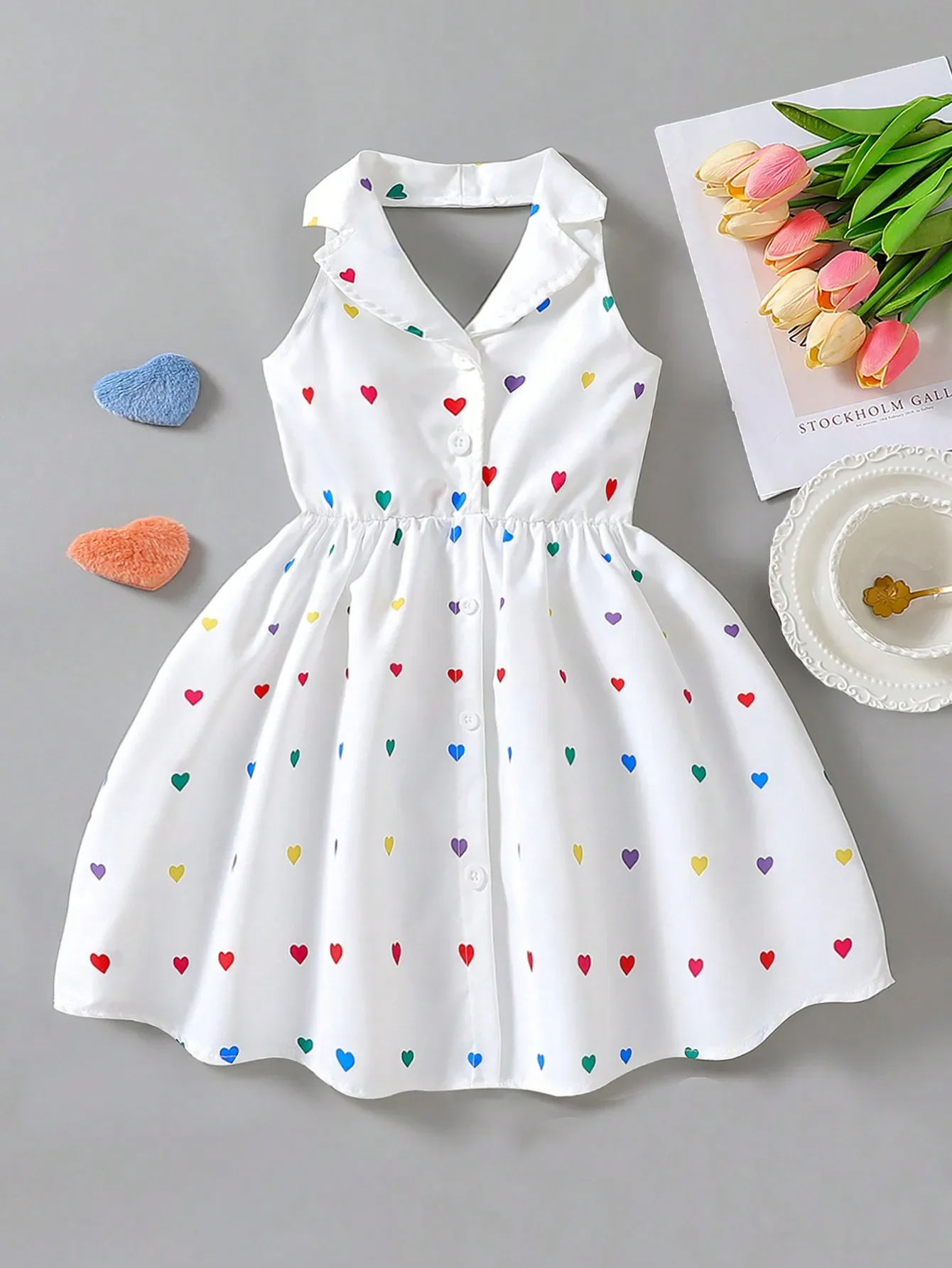 

kids Cute Young Girls Pink Sleeveless Collar Dress With Flared Short Hem And Bow Print For Spring