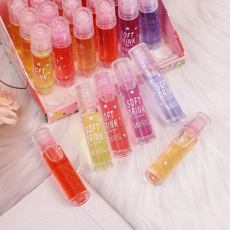 Natural Moisturizing Roller Lip Gloss, mudança de cor, óleo para meninas, crianças, meninas, Kawaii, cuidado labial, atacado a granel, 24pcs