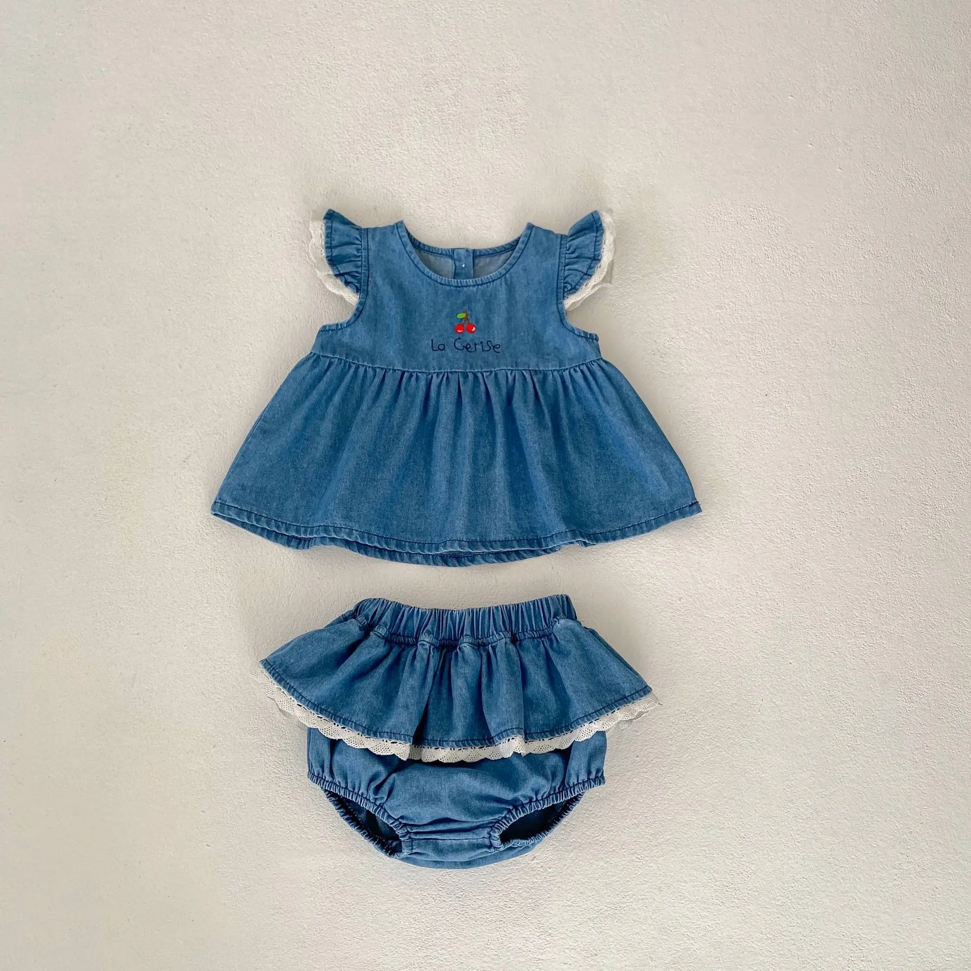 Baby Cowboy Pure Cotton Set 0-3 Year Old Female Baby Split Two Piece Set Cherry Embroidered Cowboy Clothes
