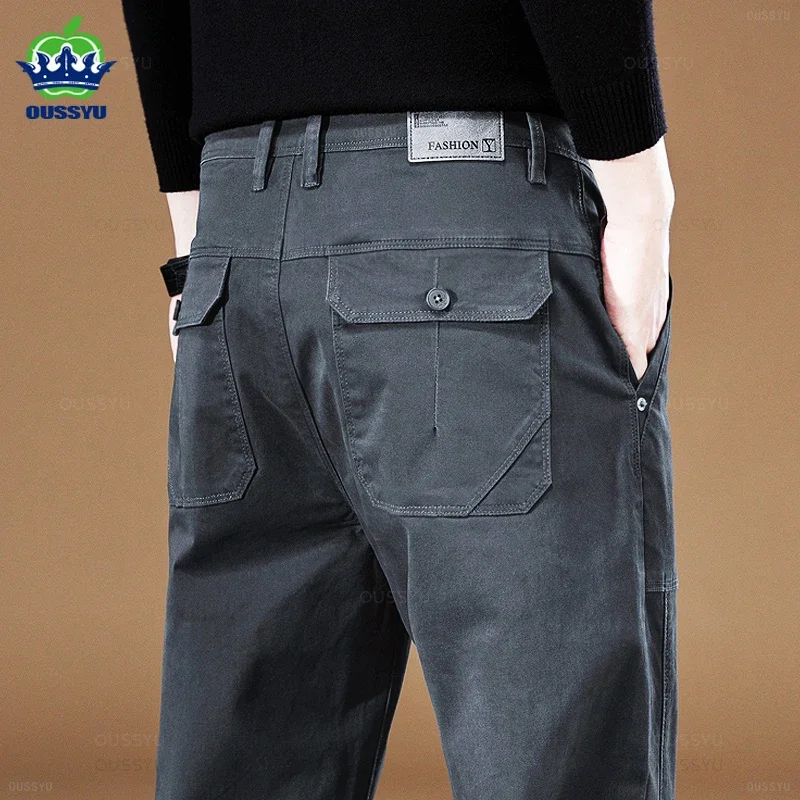 Hochwertige Herren-Cargohose, 97% Baumwolle, einfarbig, Arbeitskleidung, graue Freizeithose, weite koreanische Jogger-Hose mit Taschen, Herrengröße 40