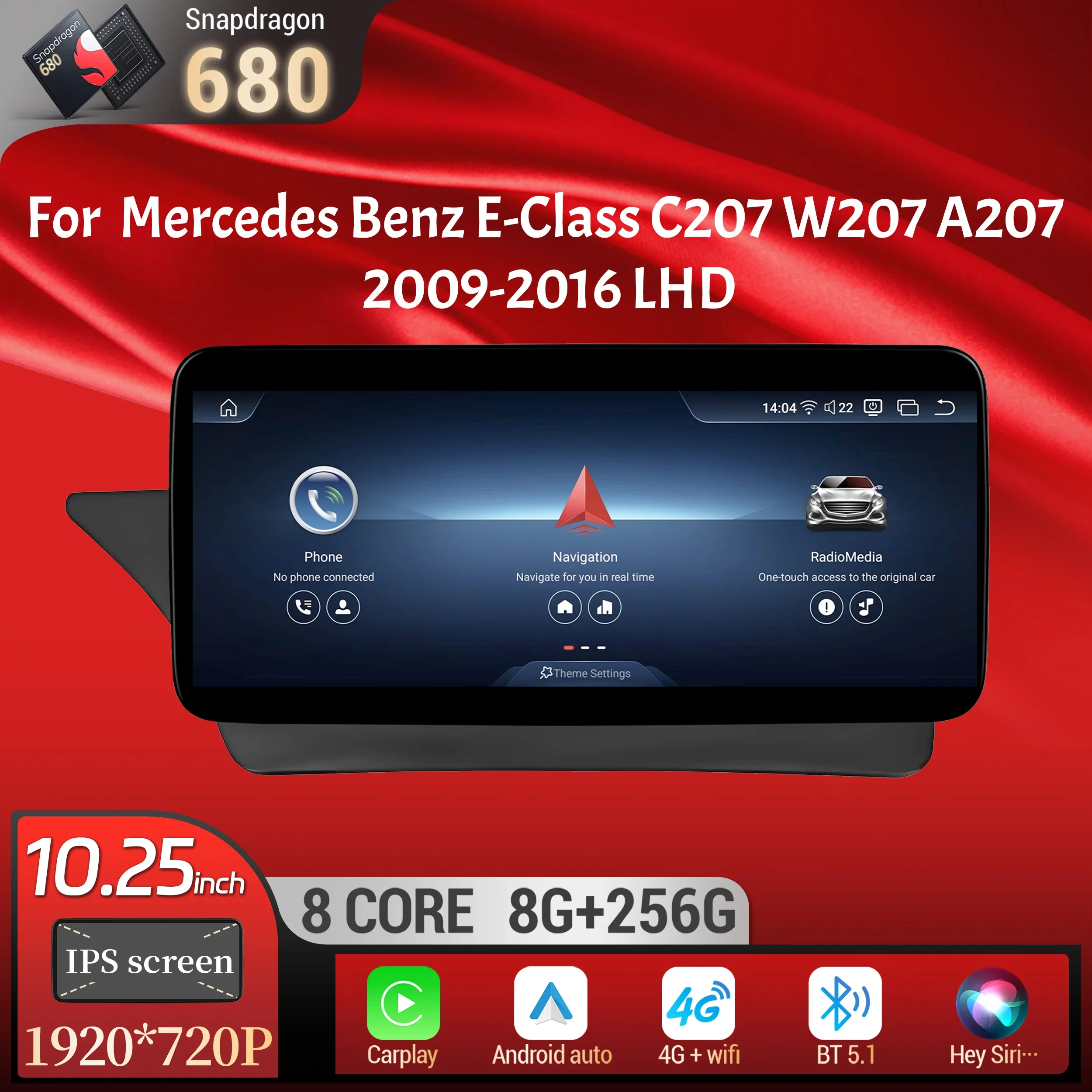 

10.25"Left Hand Drive Car Radio For Mercedes Benz E-Class C207 W207 A207 2009-2016 Android 14 BT Carplay Snapdragon 680 Screen