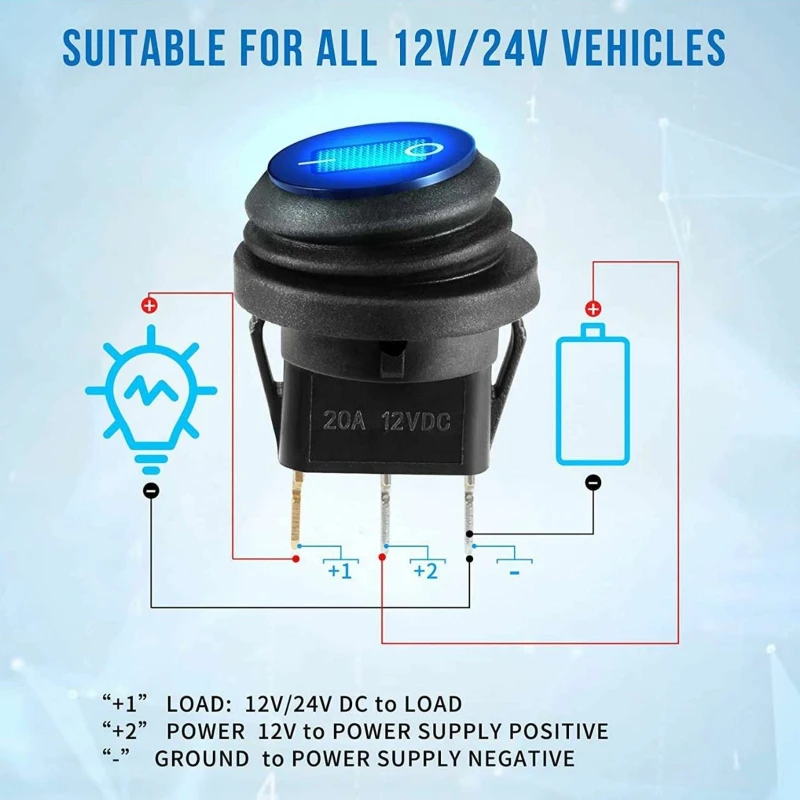 12V 20A Waterproof Rocker Switch Blue LED Lighted Round ON Off 3 Pin 12 Volt Weatherproof for Marine Car RV Truck