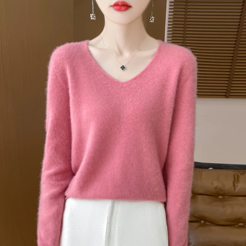 เสื้อคาร์ดิแกนคอวีสีพื้นแขนยาวแบบใหม่สำหรับผู้หญิง