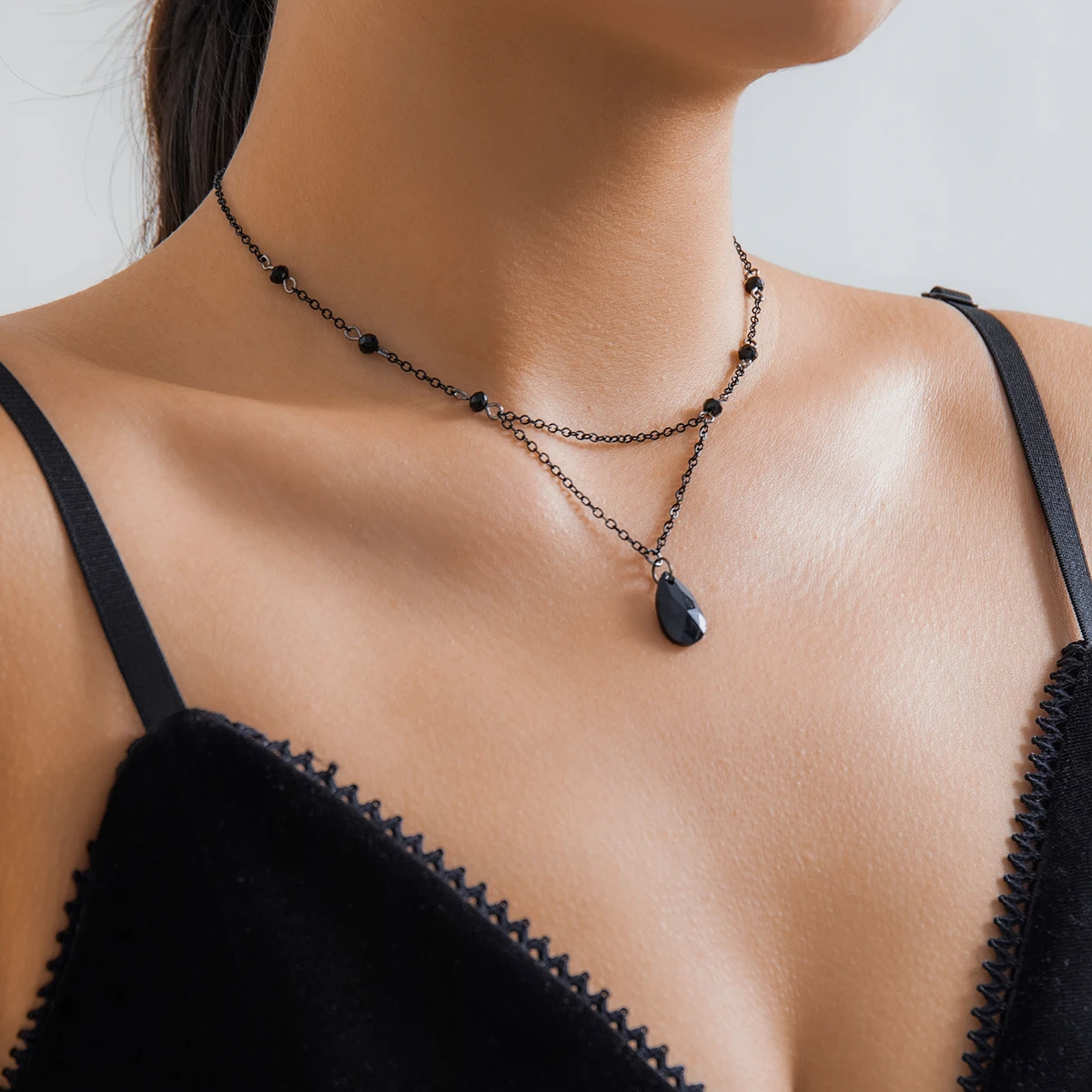 Ingemark mehr schicht ige schwarze Wasser tropfen Kristall Anhänger Choker Halskette Frauen Kragen Vintage Link Choker Y2k Schmuck Zubehör – Detail 7