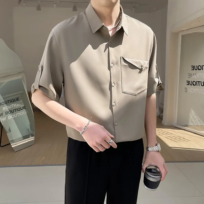 

Men's Spring Large Size 300 Pou ort Sve Ice Silk irt Korean Trendy Seven-Arm Ice Silk High-End Feeling Top