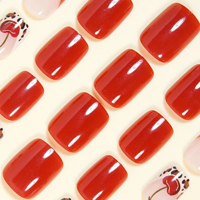 24 قطعة طرف فرنسي الكرز ليوبارد الأظافر وهمية الحلو حار نمط اضغط على الأظافر قصيرة مربعة الشكل الأوروبية الأمريكية الأظافر كاذبة netyp #3