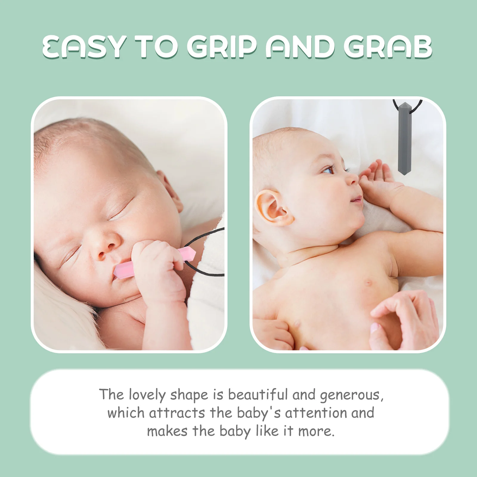 2개입 아기 씹는 장난감 실리콘 치발기 내구성 안전한 어금니 막대 치아 연마 씹는 목걸이 아기 치발기 씹는 장난감