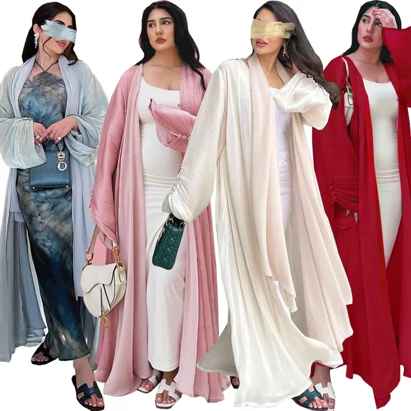 Women's Long Gown Abaya Dubai Style Outer Shiny Silk Solid Color Design Dresses Spring 2025 New