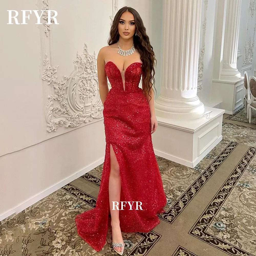 

RFYR Red Evening Dress Shiny Party Dress Glitter Prom Dress Side Slit Party Dress for Women Vestidos De Noche Customized