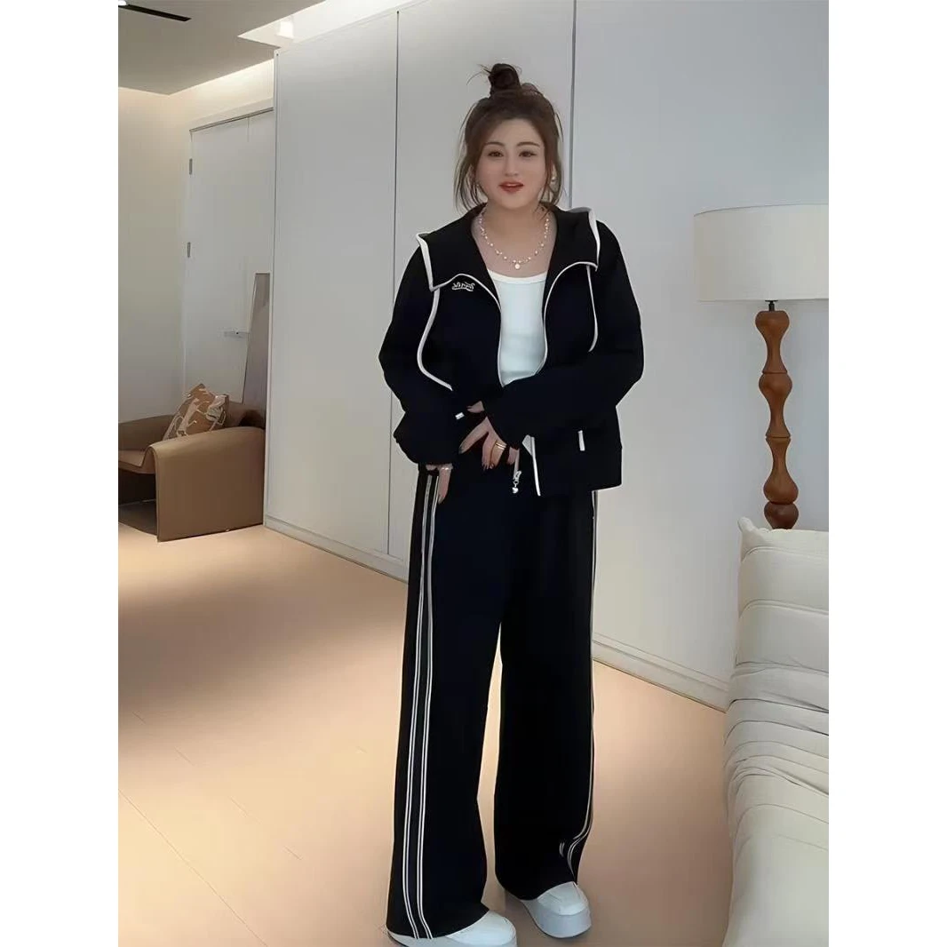 Large Size Casual Sportswear Set for Women with Hooded Jacket Cotton Simulation Diagonal Line Design Two Pieces Spring Autumn