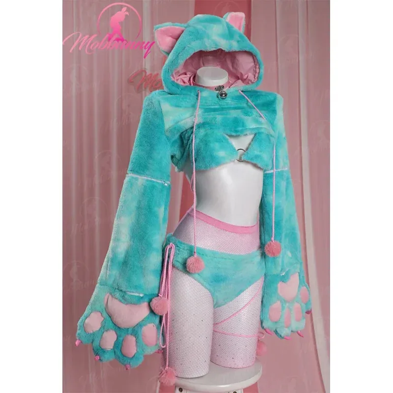 

Sky06 Mobbunny Women Furry Paws Sexy Lingerie Set Cat Style Cosplay Costume Plush Bra and Panty with Short Hoodie and Stoc66liU&