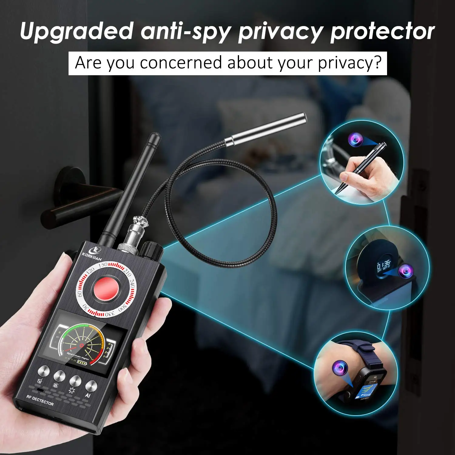 4-in-1 Anti Spy Detector RF Bug Detector Camera Finder GPS Tracker Eavesdropping Device Locator with Auto-Scan Technolo