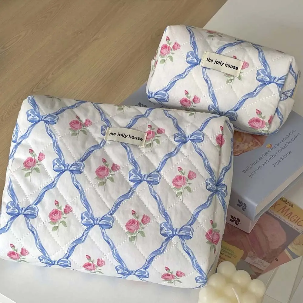 Bowknot Flower Large Cosmetic Bag Pink Blue Jewelry Storage Bag Coin Purse Quilted Cotton Zipper Lipstick Storage Bag Storage