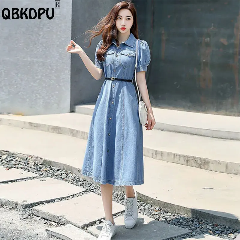 French Style Short Sleeve Denim Dress 2023 Summer Slim Waist Belt Elegant Jean Dresses Women Vintage Blue Mid Length Vestidos