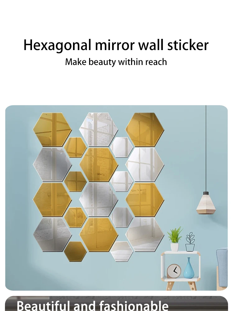 Sechseckige Acryl-Spiegel-Wandaufkleber | Selbstklebende Gold- und Silber-Acryl-Mosaikfliesen | Abnehmbare DIY-Wandsticker für die Heimdekoration – Detail 1