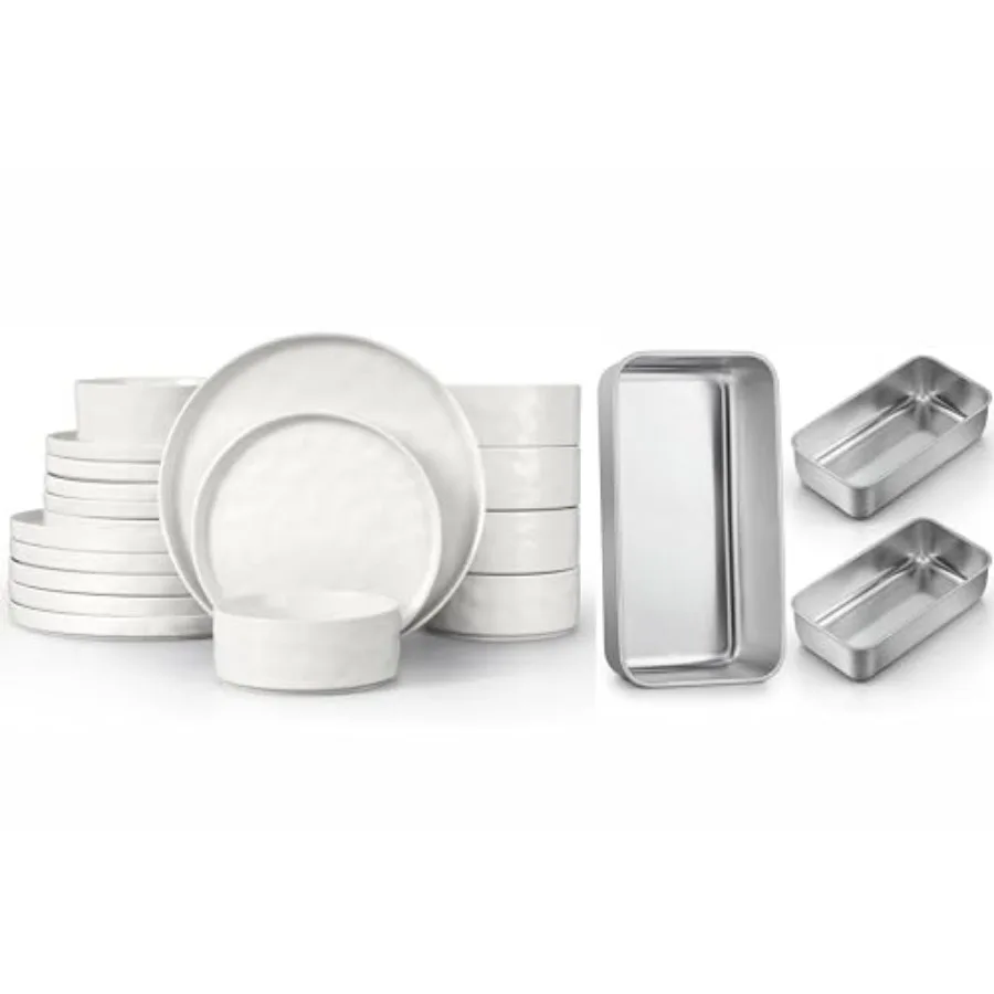 

21 Piece Dinnerware Sets with Bread Loaf Pan, Stoneware Plates and Bowls Dish Sets, 9x5 Stainless Steel Meat loaf Baking Pan, Di