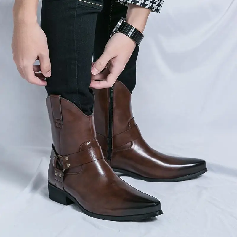 

Men's leather shoes, British pointed-toe western boots, high-top men's shoes, trendy shoes, casual leather boots