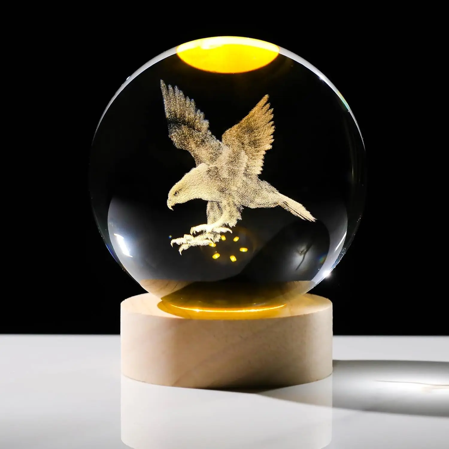 

3D Laser Engraving Eagle Crystal Ball 6cm Eagle Decorative Glass Sphere Globe with Wood LED Stand Room Ornament Decoration Gifts